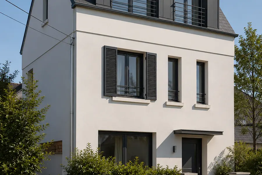 Maison individuelle récemment construite, enduit clair et volets sombres, vue depuis la rue.
