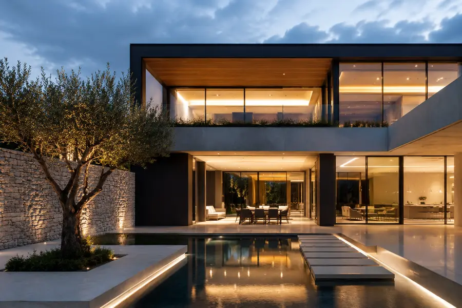 Maison contemporaine neuve à toit plat, largement vitrée, avec bassin et olivier au premier plan, à la tombée du jour.