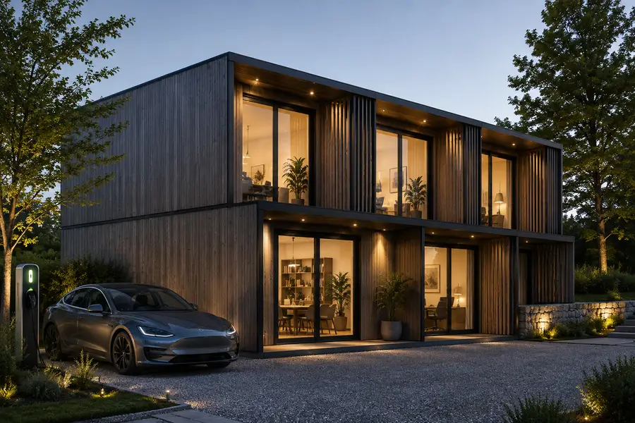 Maison à deux niveaux formée de volumes empilés en bardage bois, joint horizontal visible entre les modules, menuiseries aluminium.