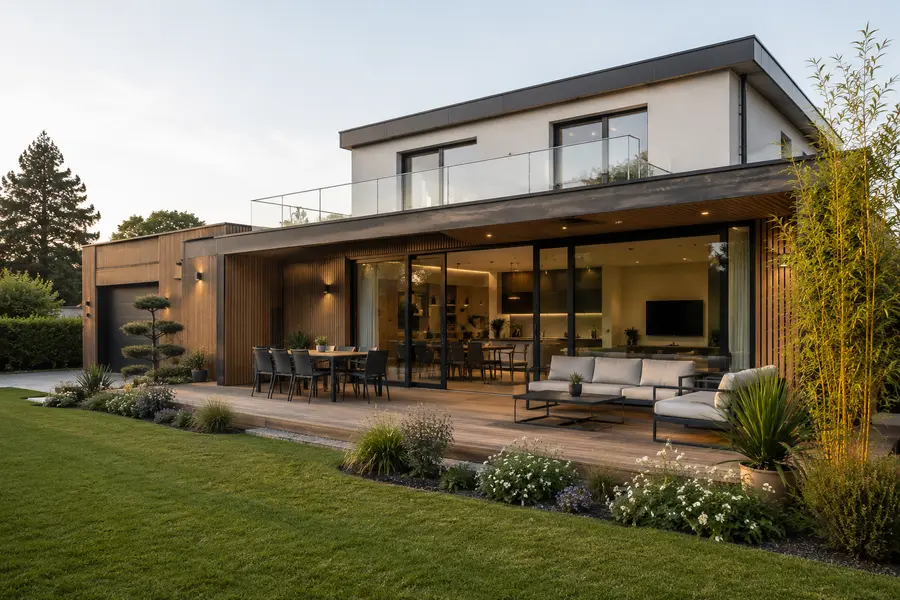 Extension contemporaine largement vitrée raccordée à une maison enduite claire, terrasse au premier plan.