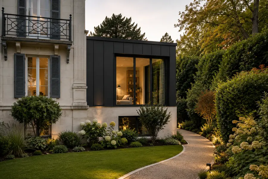 Maison bourgeoise en pierre de taille à volets persiennés, agrandie d'un volume en zinc sombre largement vitré, au bout d'une allée de jardin.