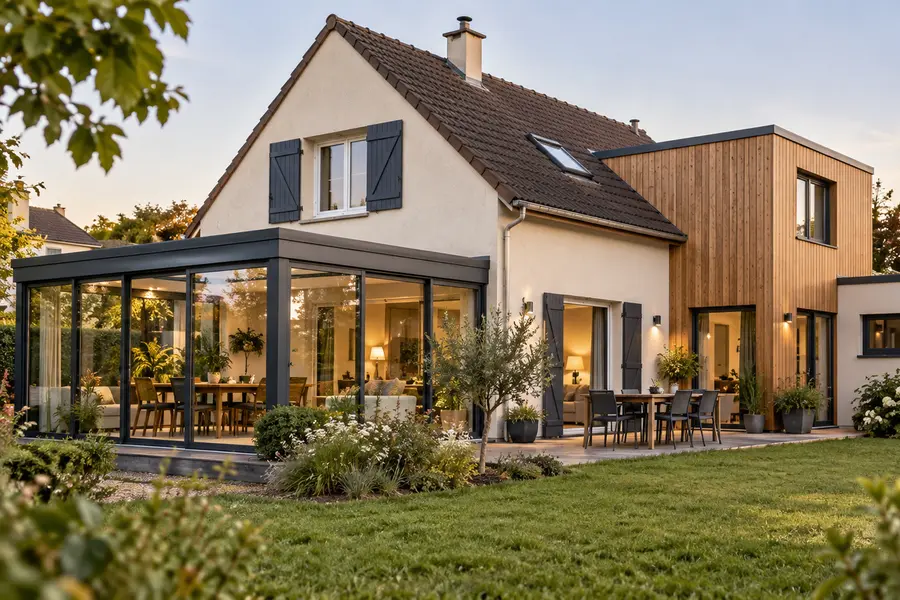 Maison agrandie de plusieurs façons à la fois : véranda vitrée, extension à étage en bardage bois, combles éclairés et garage accolé.