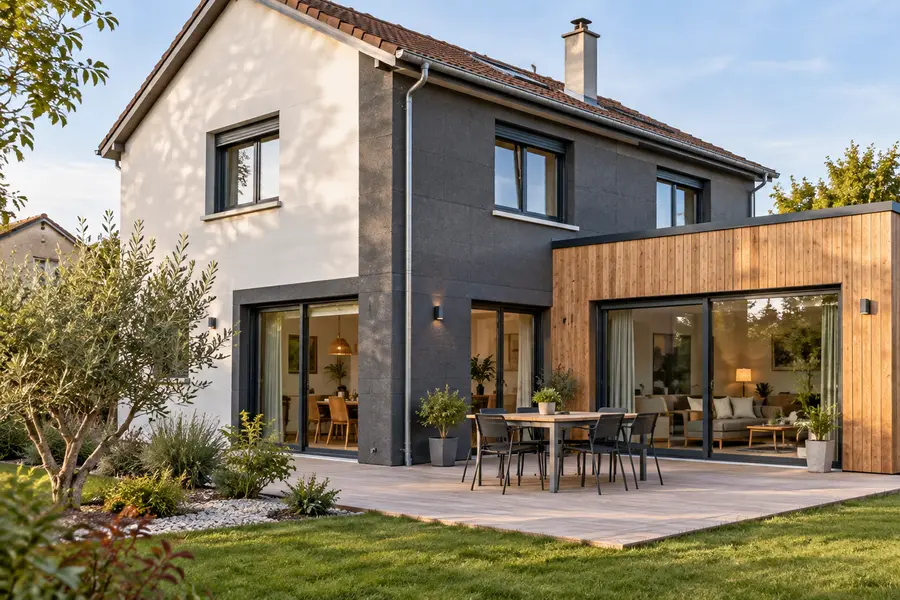 Extension en bardage bois à toit plat prolongeant une maison à étage, terrasse et table de repas au premier plan.