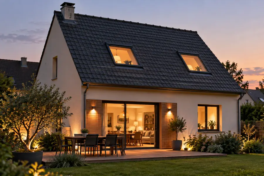 Combles aménagés éclairés derrière deux fenêtres de toit, sur une maison à toiture sombre, à la tombée de la nuit.