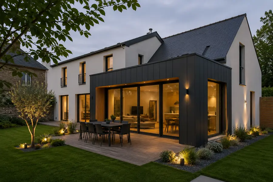 Extension contemporaine sombre greffée sur une maison blanche, vue depuis le jardin.