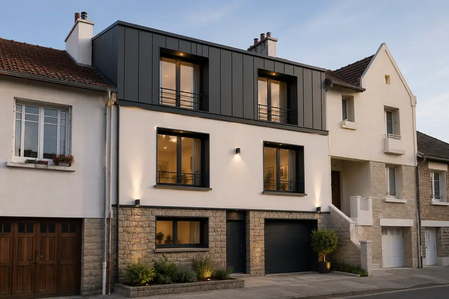 Maison de ville sur trois niveaux en bardage anthracite, mitoyenne de deux maisons anciennes.