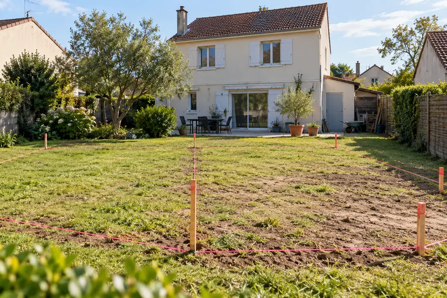 Fond de jardin piqueté de bornes et de rubans délimitant un lot à détacher, devant une maison à étage.