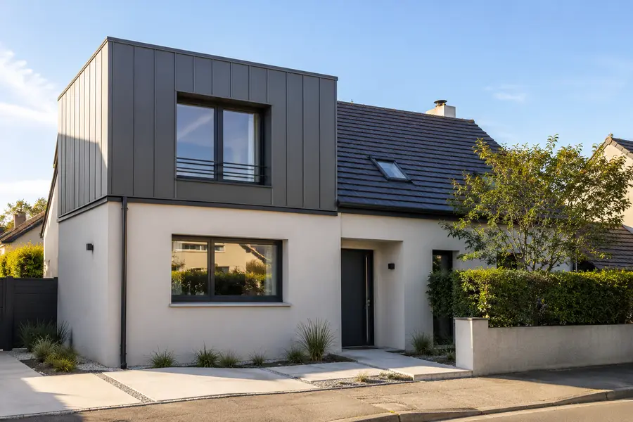 Niveau supplémentaire en bardage clair posé sur une maison de lotissement, vu depuis la rue.