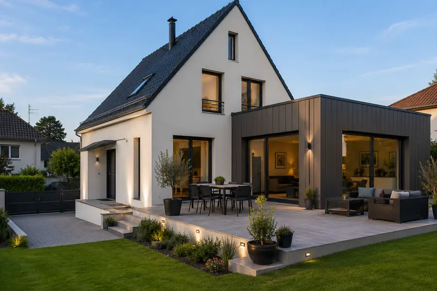 Maison enduite claire coiffée d'un niveau neuf en bardage, terrasse et jardin.