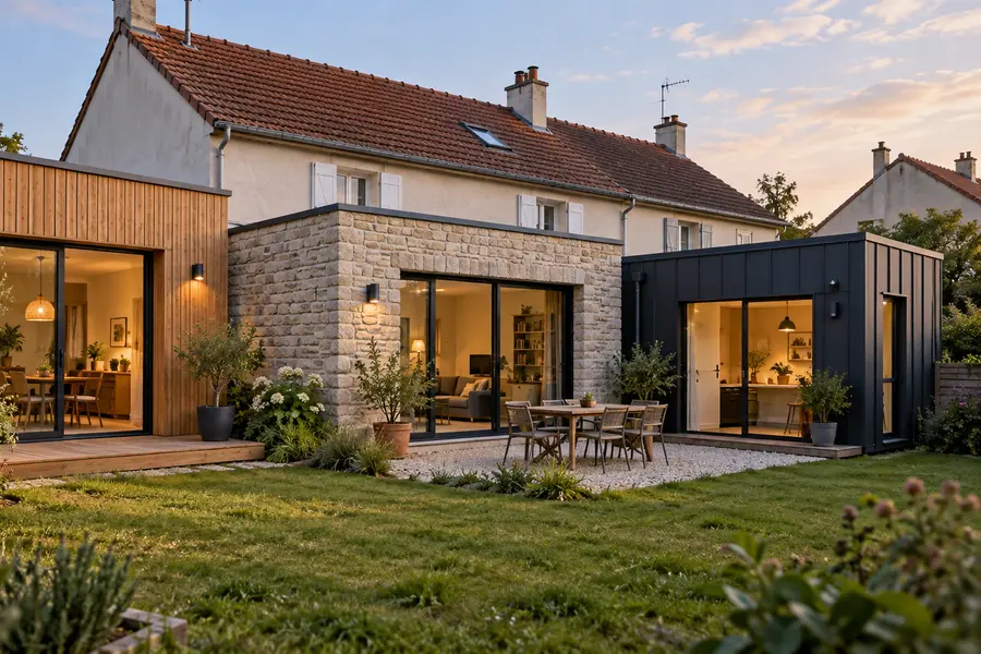 Trois extensions côte à côte sur une même maison : bardage bois, parement de pierre et bardage métallique sombre.