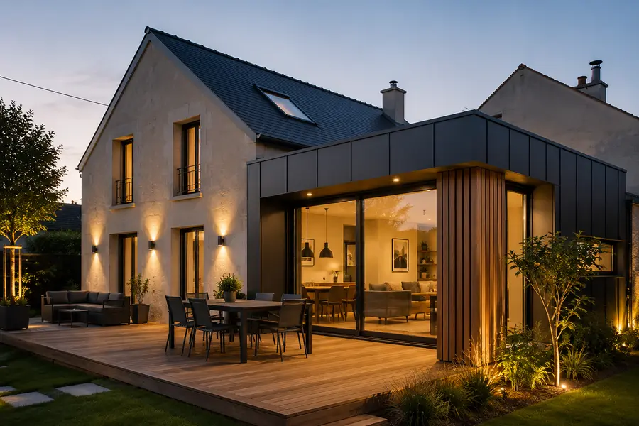 Maison en pierre à la fois surélevée et prolongée par une terrasse couverte.