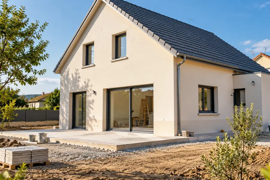 Maison neuve en fin de chantier, abords encore en gravier et en terre, palettes de dalles et brouette.