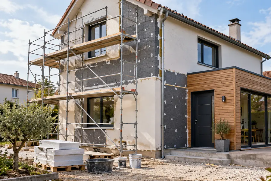 Façade en cours d'isolation par l'extérieur, panneaux isolants posés sous échafaudage à côté d'une partie déjà enduite.