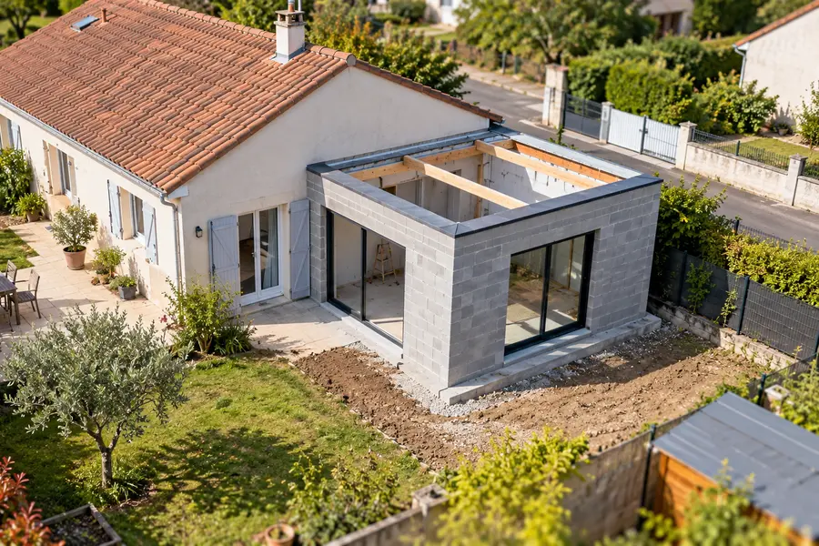 Extension en parpaings en cours de chantier contre une maison de plain-pied, charpente posée et toiture encore ouverte.