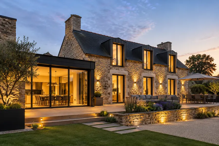 Maison en pierre rénovée, lucarnes en zinc sombre et grandes menuiseries noires, prolongée d'une pièce vitrée ouverte sur une terrasse en bois, au crépuscule.
