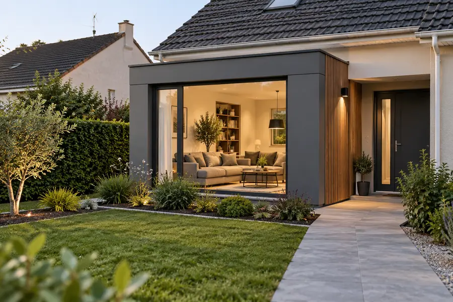 Extension en bardage bois à toit plat accolée à une maison enduite claire, terrasse en bois au premier plan.