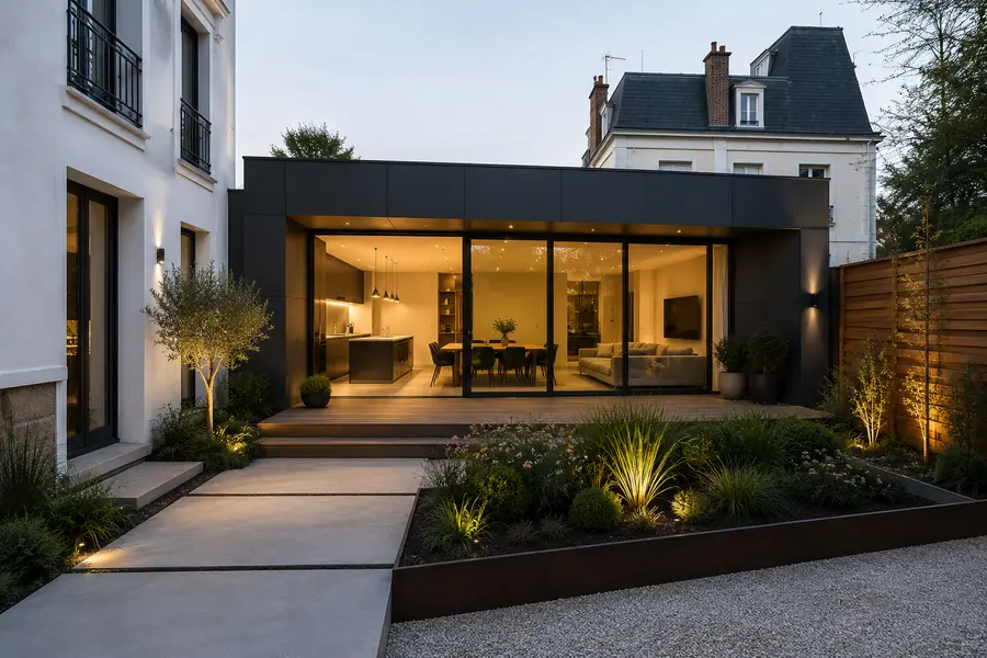 Volume annexe à toit plat en bardage sombre, accolé à une maison enduite claire et devenu une pièce de vie largement vitrée, éclairée à la tombée du jour.