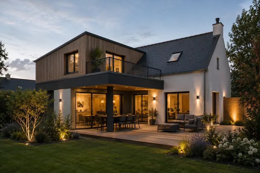 Extension en bois et enduit clair prolongeant une maison à toiture traditionnelle.