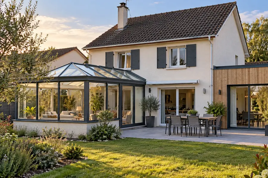 Véranda vitrée et extension en bardage bois réunies sur la même maison, de part et d'autre d'une terrasse.