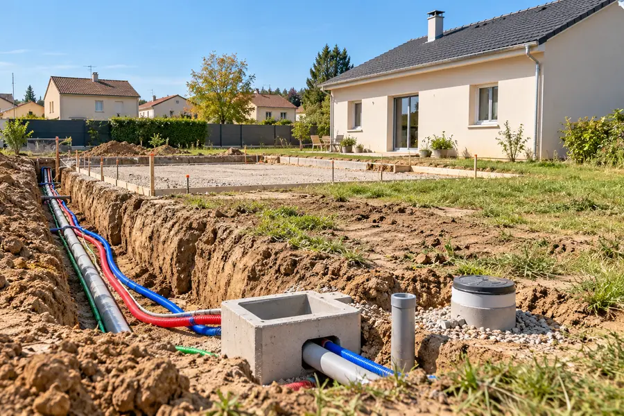 Tranchée de viabilisation ouverte le long d'un terrain, gaines de réseaux et regard béton devant une dalle coulée.