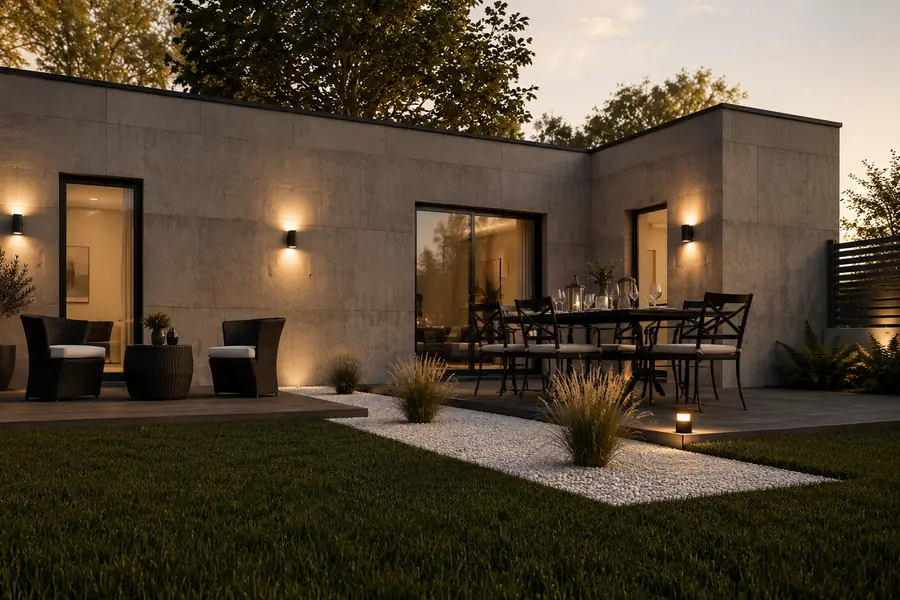 Studio de jardin en L, parement béton clair et terrasse bois, implanté en fond de parcelle avec cheminement en gravier blanc.