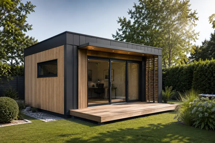 Studio de jardin en ossature bois à toit plat, largement vitré, posé en fond de jardin.