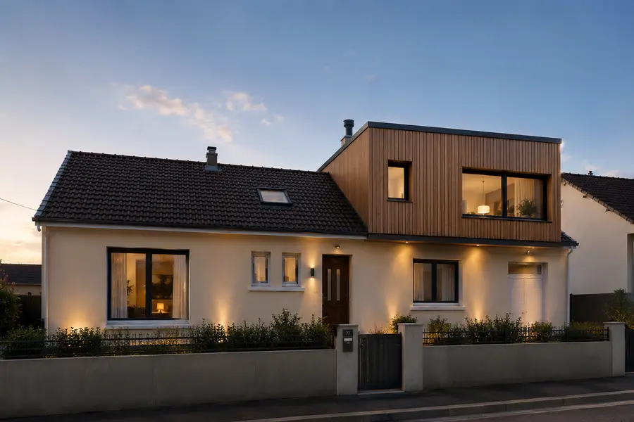 Niveau supplémentaire en bardage bois posé sur une maison à toiture traditionnelle, fenêtres éclairées.
