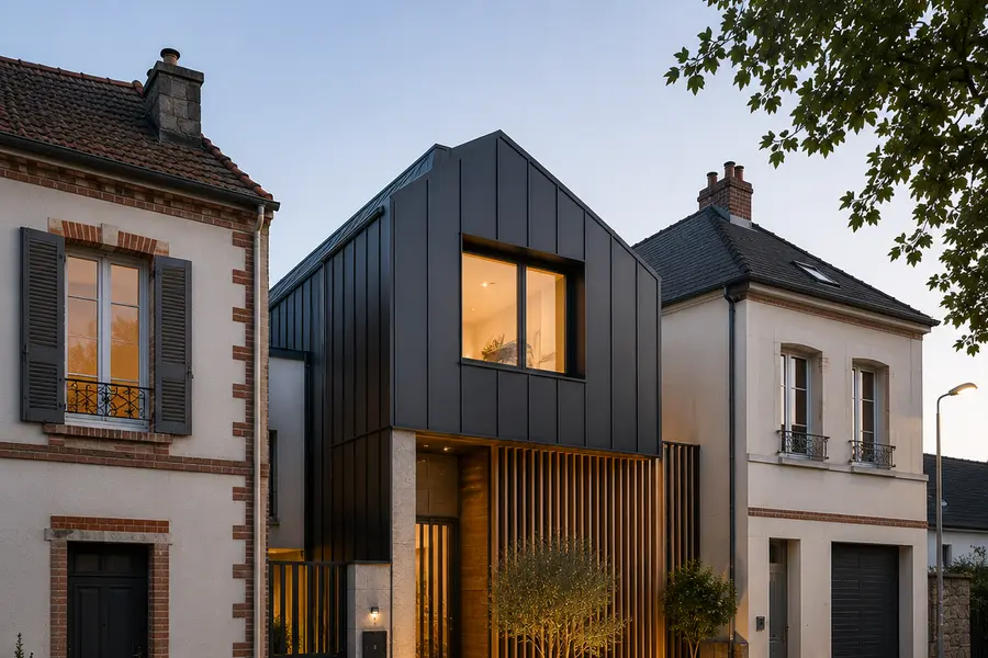 Maison de ville en pierre surélevée d'un niveau en bardage anthracite, entre deux constructions voisines.