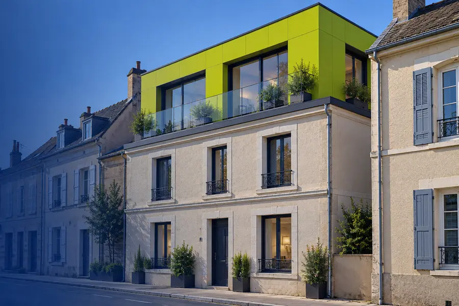 Maison de ville en pierre claire surélevée d'un niveau à bardage vert anis, avec terrasse vitrée plantée, dans une rue de maisons anciennes.