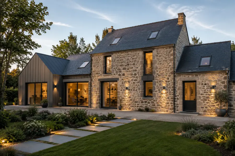 Maison en pierre surélevée d'un niveau sombre, allée et plantations au premier plan.