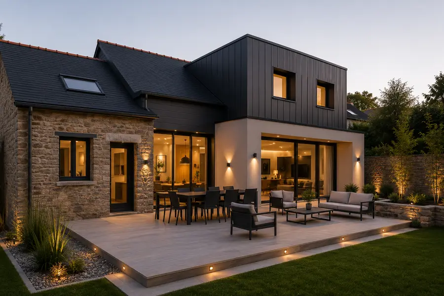 Surélévation en bardage anthracite au-dessus d'un rez-de-chaussée en pierre, terrasse en bois.