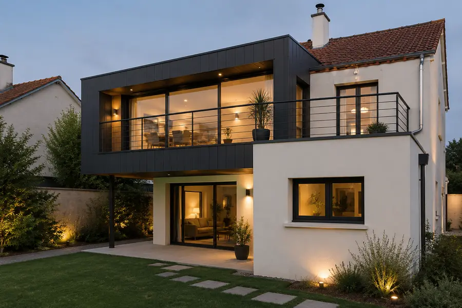 Extension à étage en bardage sombre et grandes baies, prolongeant une maison enduite blanche.